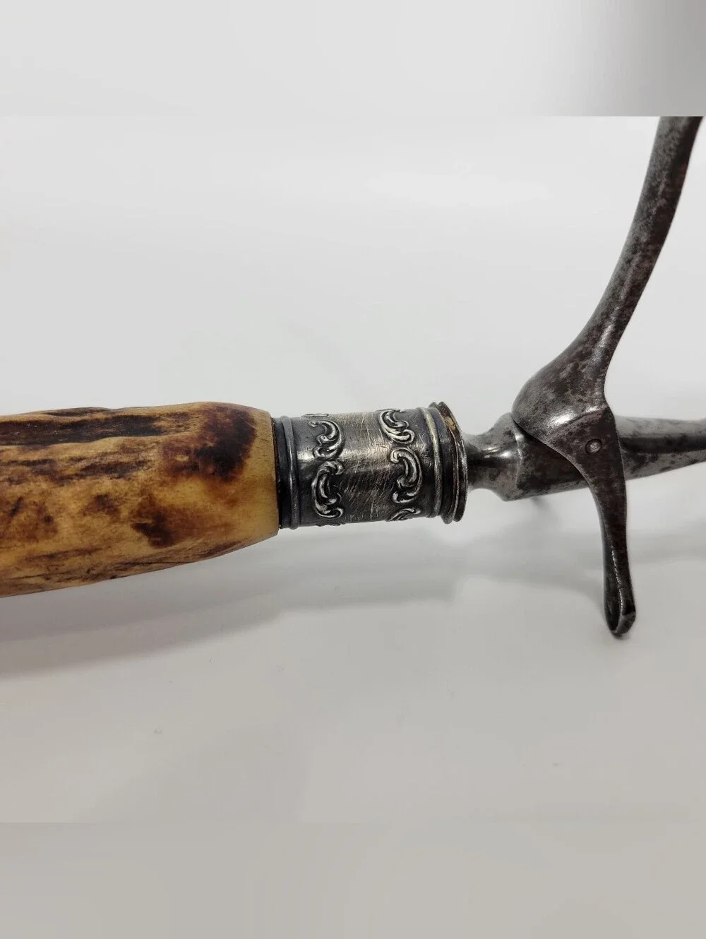 Vintage Sterling Silver Antler Handle Carving Serving Fork Meat Utensil Antique